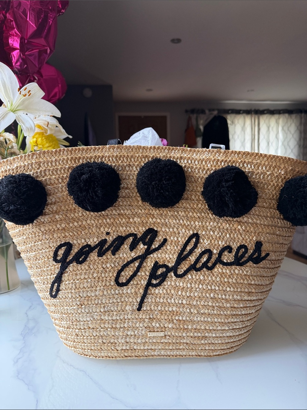 Kate Spade NWT Straw Tote Bag with Black Pom-Poms and 'Going Places' Script